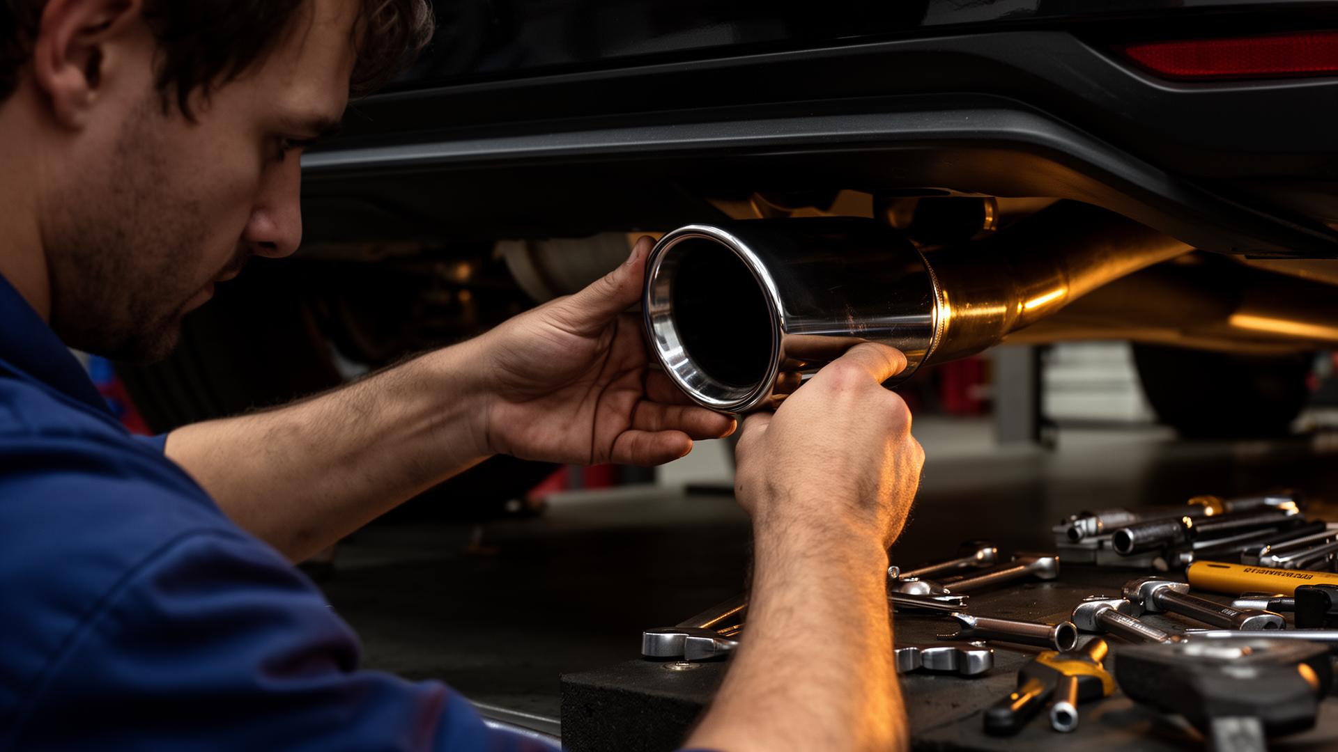 Montáž koncovky výfuku na auto v servise